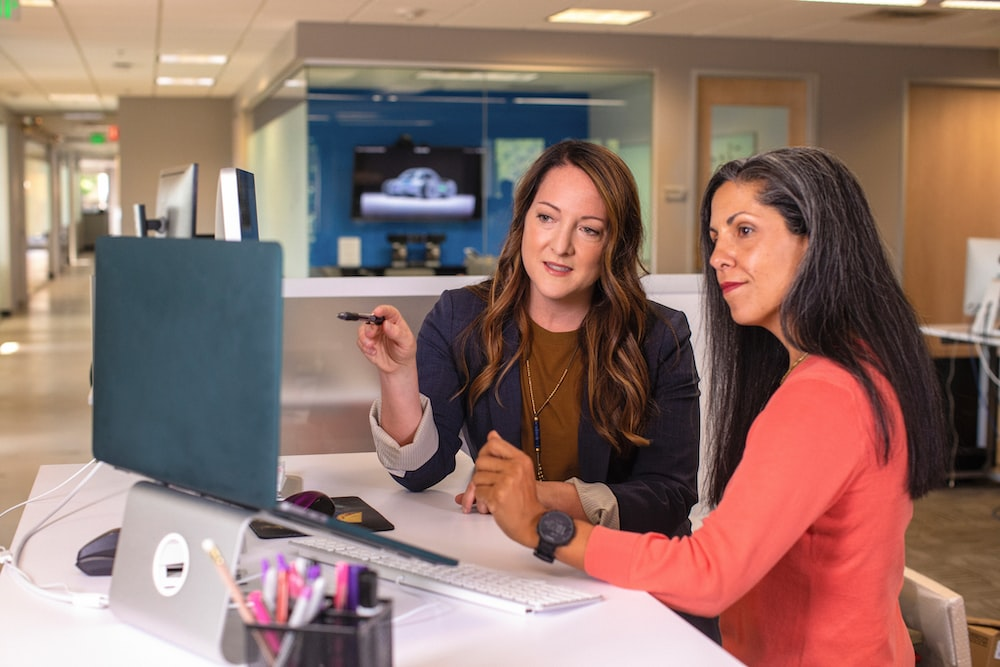 Two professionals looking at a computer