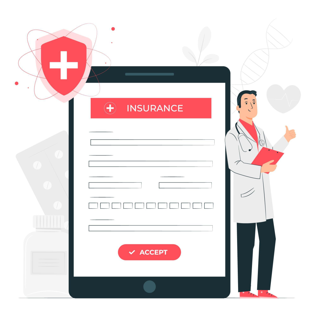 Illustration of a doctor standing in front of medical insurance coverage