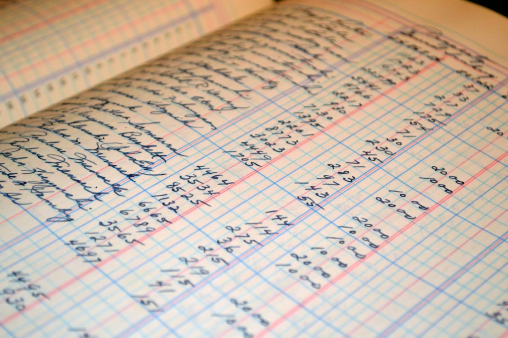 a close-up of a notebook with entries and amounts