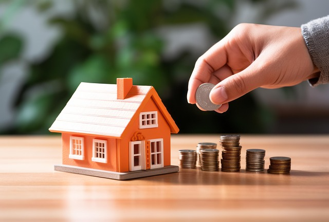 This photo shows a house model beside piles of coins