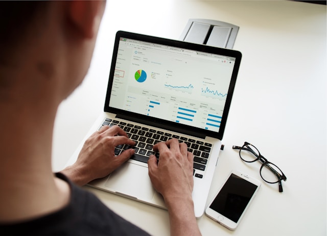 This photo shows a person working on laptop with charts