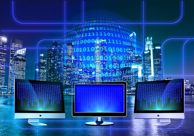 This photo shows multiple screens with binary code