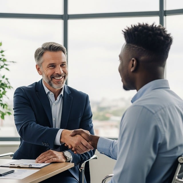 This photo shows two people shaking hands over tax documents on a desk