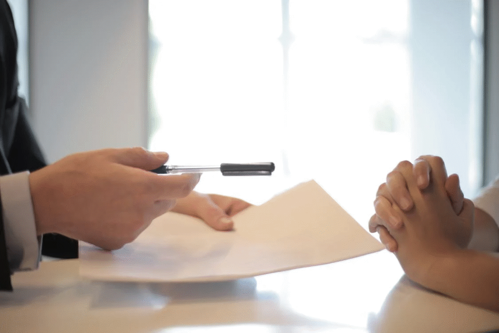 a person giving a pen and a contract to someone