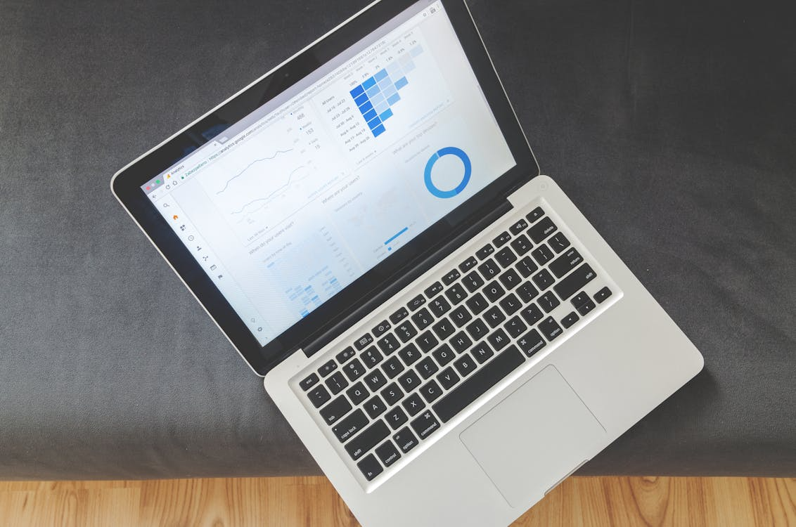A laptop screen showing graphs and charts of financial data
