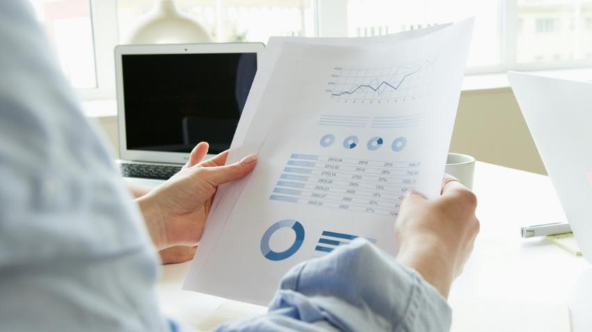 Business owner reviewing financial reports and planning future growth