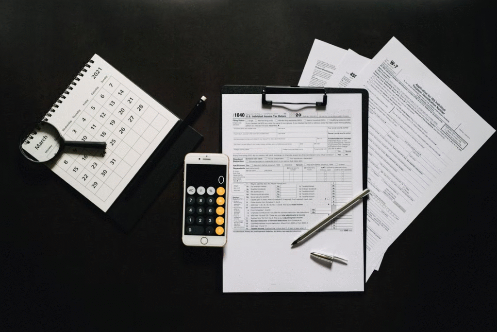 This photo shows some tax documents on a table.